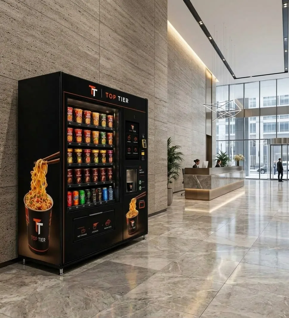 Artist's impression of a black TOP TIER machine in a modern building lobby, with a product window, a touchscreen and a separate dispenser alcove.